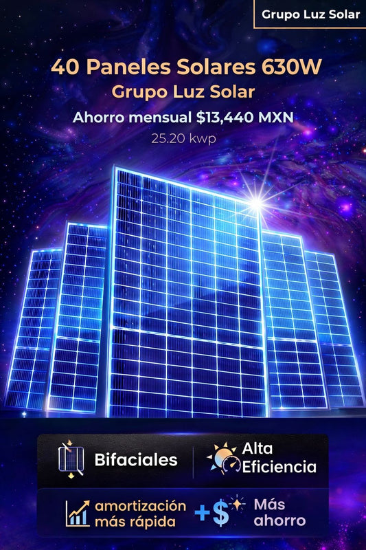 40 PANELES SOLARES 630 W BIFACIALES AHORRO MENSUAL